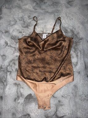 Leopard-Print Satin Cowl Neck Bodysuit in Brown and Tan- Never Worn!